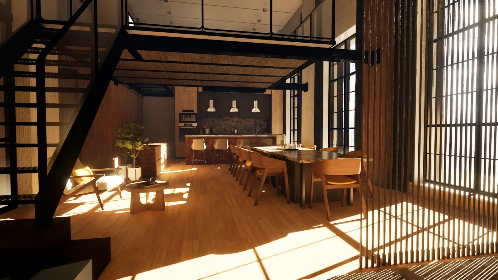 Long wooden dining table in late sun beneath a black steel staircase