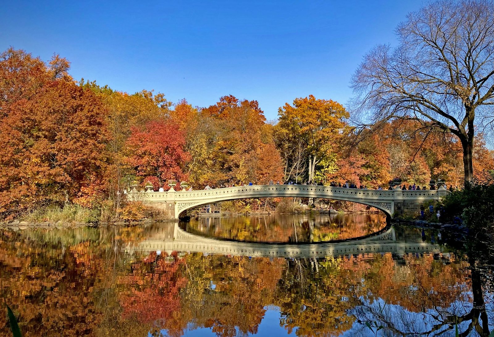 A stone footbridge reflected in a lake, with trees in red and orange