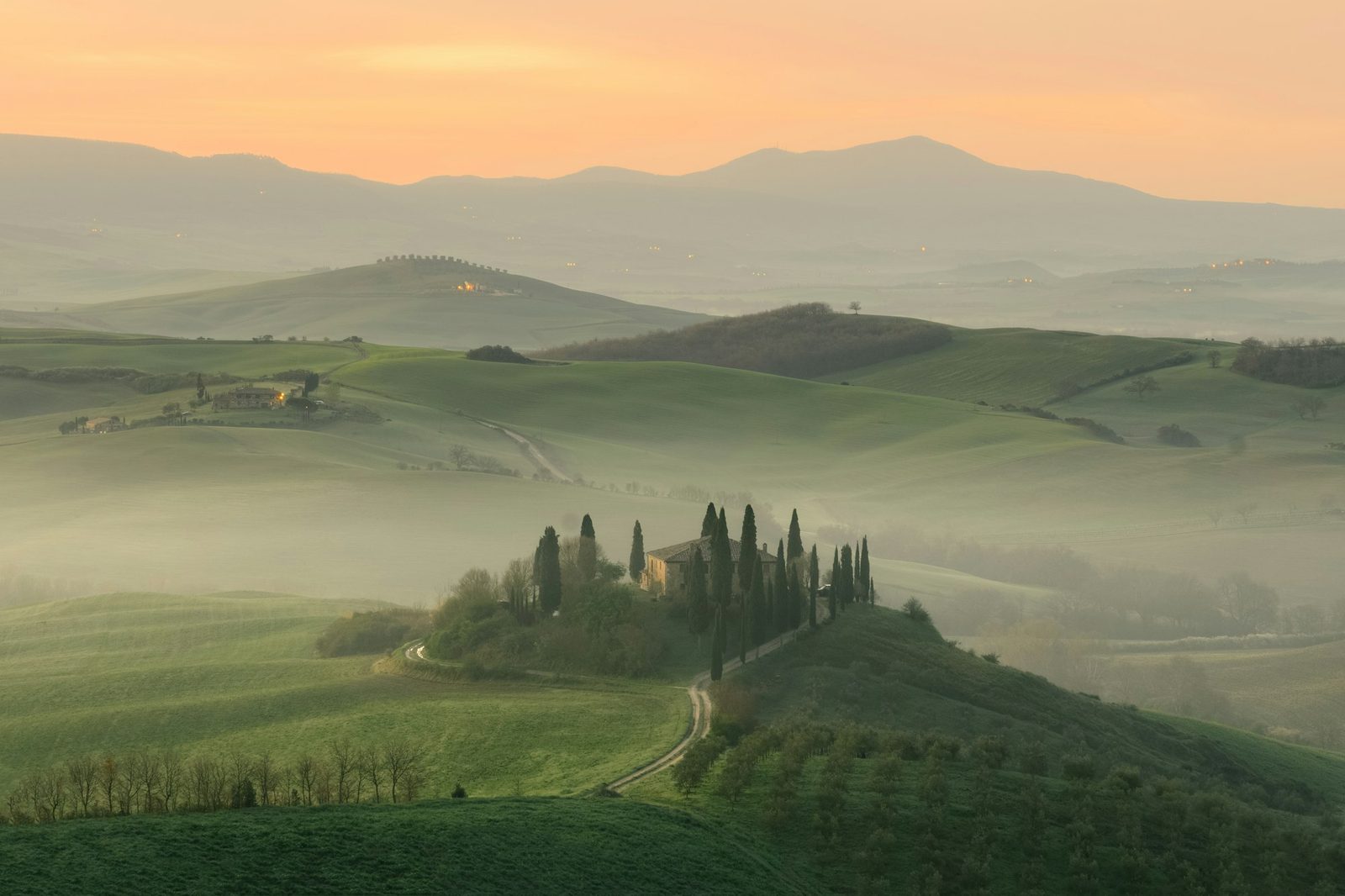 Pale hills in morning mist with a hilltop farmhouse ringed by cypresses
