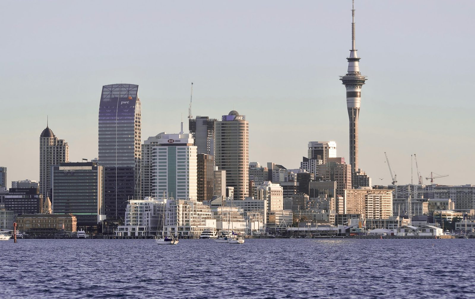 The city skyline and the Sky Tower seen across the water, with waterfront apartment buildings below