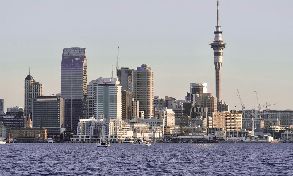 The city skyline and the Sky Tower across calm water in soft light