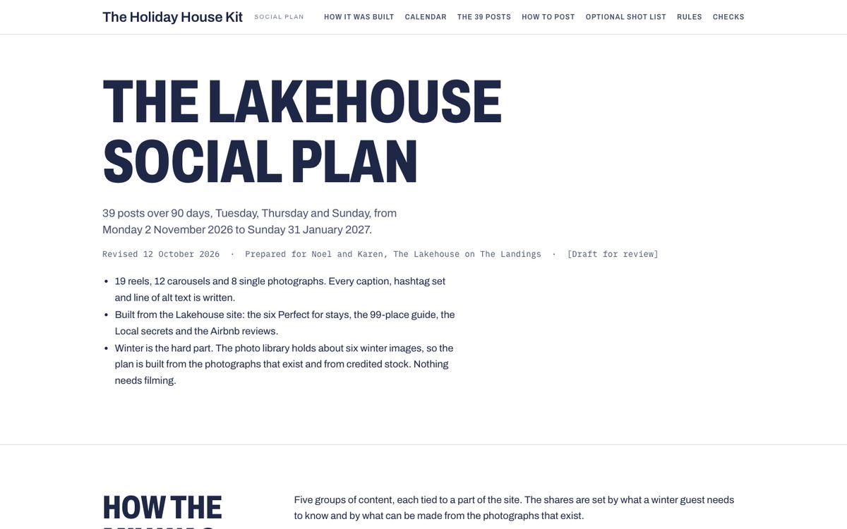 The opening page of the Lakehouse social plan: 39 posts over 90 days