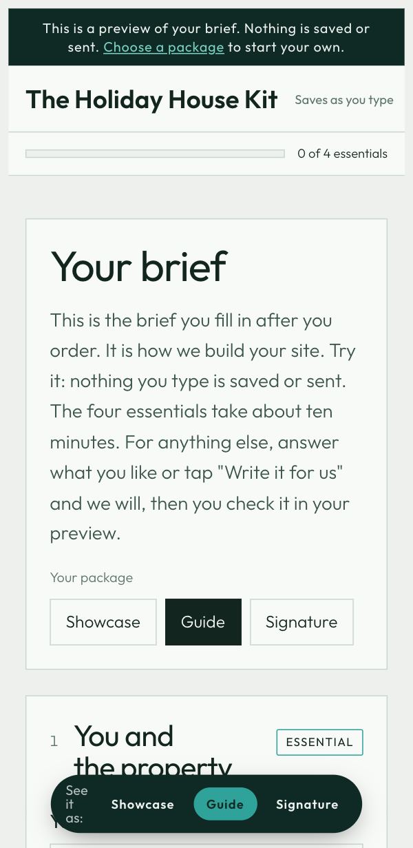 The brief on a phone, open at Your brief with the choice of package