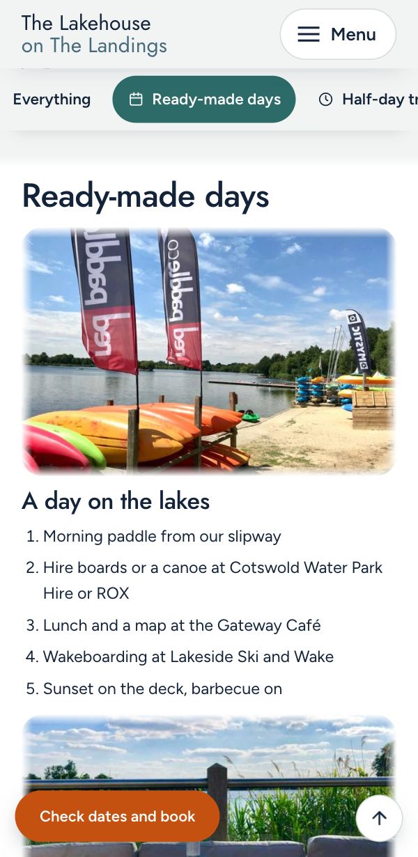 Ready-made days on the Lakehouse site on a phone: A day on the lakes, with five stops