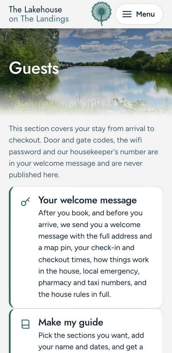 The Guests page on a phone: the welcome message sent before arrival, and Make my guide